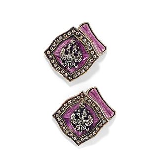 A silver, low-carat gold, enamel and diamond cufflinks, first half of 20th Century