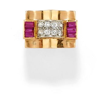 A 18K two-color gold, red gemstone and diamond ring, circa 1930