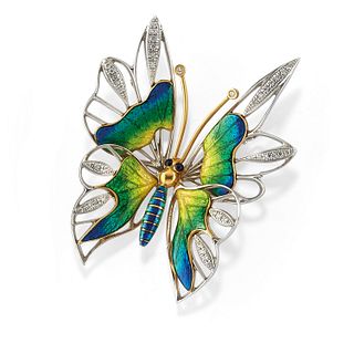 A 18K two-color gold, enamel and diamond pendant brooch