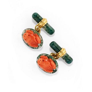 A 18K yellow gold, gemstone and coral cufflinks