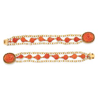 Two low-carat gold, 18K yellow gold and coral bracelet, first half of 19th Century