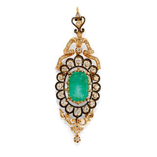 A 18K yellow gold, emerald, enamel and diamond pendant brooch
