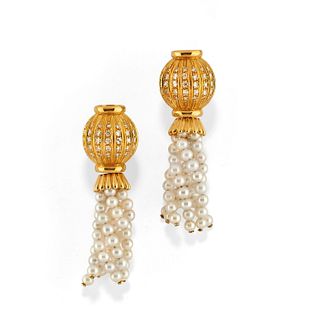 A 18K yellow gold, cultured pearl and diamond pendant earrings