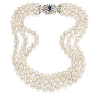 A 18K white gold, cultured pearl, sapphire and diamond necklace