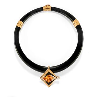 A 18K yellow gold, onyx, diamond and quartz necklace
