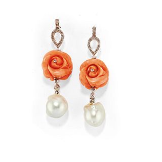 A 18K white gold, coral, pearl and diamond earclips