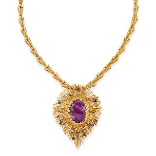 A 18K yellow gold, amethyst, sapphire, ruby, emerald and diamond necklace