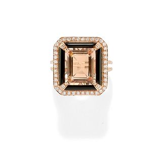 A 18K rose gold, morganite, onyx and diamond ring