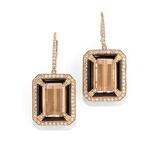 A 18K rose gold, diamond, onyx and morganite earclips