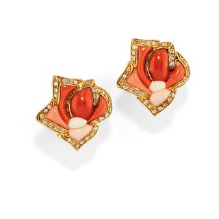 A 18K yellow gold, coral and diamond earclips