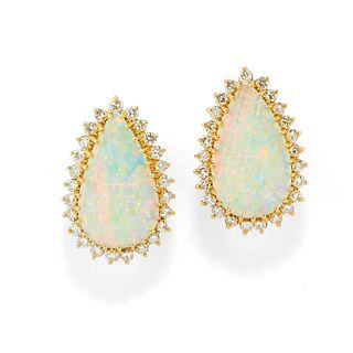 A 18 yellow gold, opal and diamond earclips