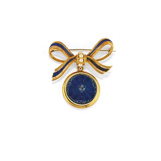 A 18K yellow gold, pearl and enamel brooch, defects
