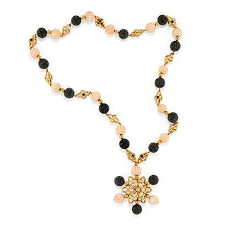 Mellerio - A 18K yellow gold, onyx, coral and diamond necklace, Mellerio