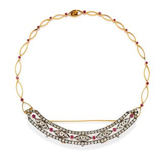 A silver, 18K yellow gold, diamond and ruby necklace brooch-necklace, early 20th Century, defects