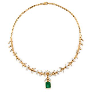 A 18K yellow gold, diamond and emerald necklace