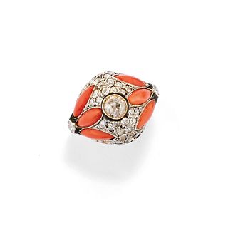 A silver, 18K yellow gold, coral, enamel and diamond ring