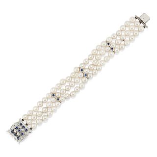 A 18K white gold, sapphire, cultured pearl and diamond bracelet