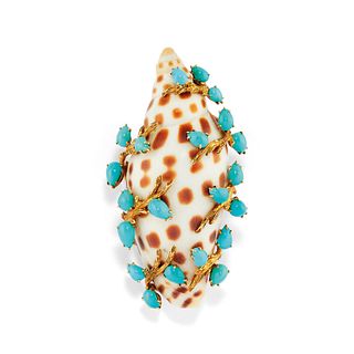 Webb - A platinum, 18K yellow gold, turquoise and shell brooch, Webb