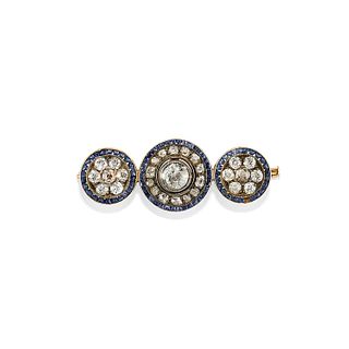 A silver, 18K yellow gold, sapphire and diamond brooch, early 20th Century, defects