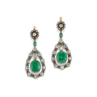 A silver, 18K yellow gold, emerald and diamond pendant earrings, early 20th Century
