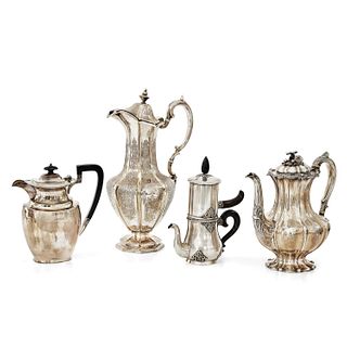 Four silver coffee pots, England 20th Century
