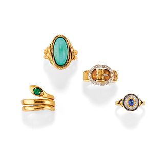 Four 18K yellow gold, diamond, sapphire, turquoise and emerald rings
