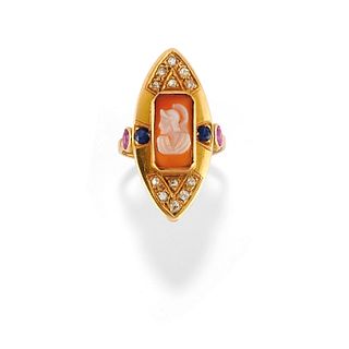 A 18K yellow gold, cammeo, sapphire, ruby and diamond ring, first half of 20th Century