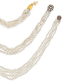 A 18K yellow gold, cultured pearl, ruby and diamond necklaces