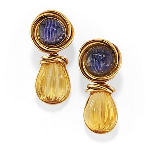 A 18K yellow gold and gemstone pendant earrings