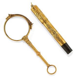 A 18K yellow gold and gold plated lorgnette and pen