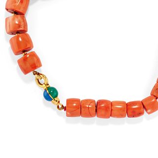A 18K yellow gold, coral and colored gemstone necklace