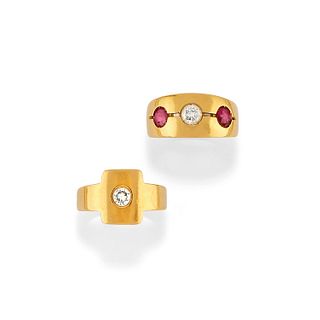 Two 18K yellow gold, ruby and diamond rings
