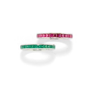 Two 18K white gold, emerald and ruby rings