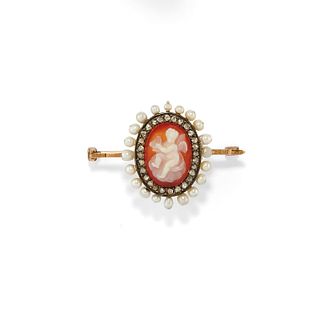 A silver, 18K yellow gold, cameo, diamond and pearl brooch, early 20th Century
