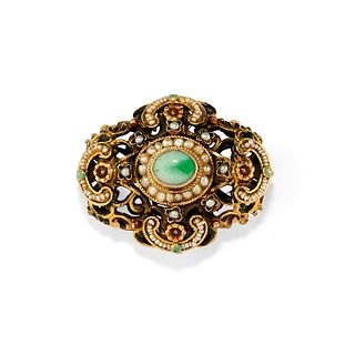 A gilded silver, pearl and jadeite brooch