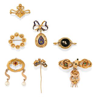 Seven low-carat gold, 18K yellow gold, colored gemstone, enamel, onyx, pearl and diamond brooches