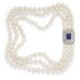 A 18K white gold, cultured pearl, synthetic sapphire and diamond necklace