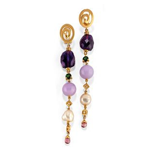 A 18K yellow gold, colored gemstone, cultured pearl and diamond pendant earrings
