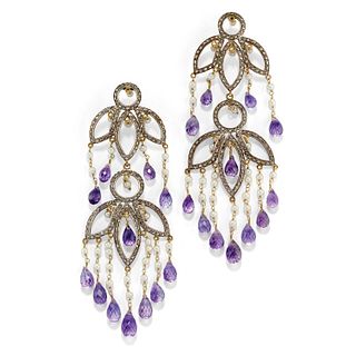 A silver, 18K yellow gold, amethyst, cultured pearl and diamond pendant earrings
