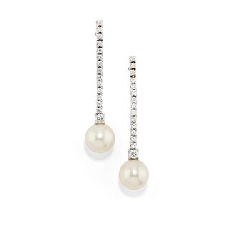 A 18K white gold, cultured pearl and diamond pendant earrings