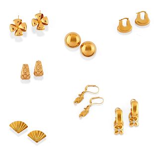 Seven 18K yellow gold couples of earrings