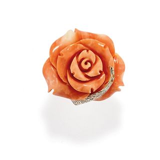 A 18K white gold, coral and diamond ring