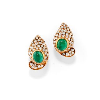 A 18K yellow gold, emerald and diamond earclips