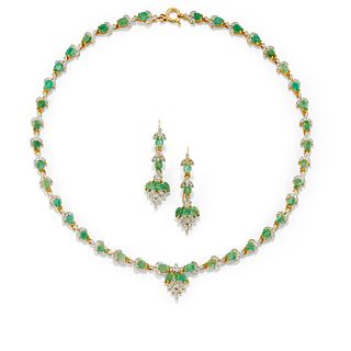 A 18K two-color gold, emerald and diamond demi parure