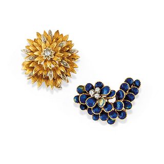 Two 18K two-color gold, enamel and diamond brooches, defects