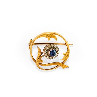 A silver, 18K yellow gold, sapphire and diamond brooch, early 20th Century