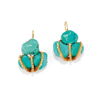 A 18K yellow gold and turquoise earclips