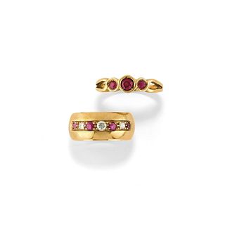 Two 18K yellow gold, ruby and diamond rings