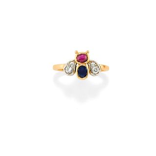 A 18K two-color gold, sapphire, ruby and diamond ring