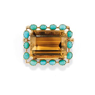 A 18K yellow gold, quartz and turquoise pendant-brooch